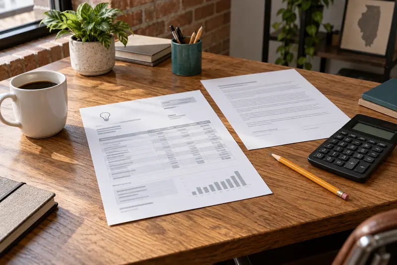 Illustrative blank bill, calculator and contract on an office desk
